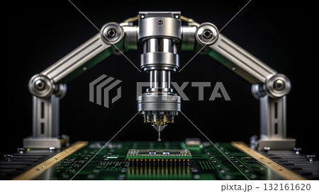 Robotic arm performing precise work on electronic circuit board Robotic arm performing precise work on electronic circuit board 132161620