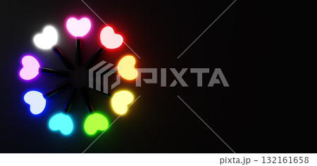 黒背景にハートのカラフルなペンライト。俯瞰。コピースペース。3D（横長） 132161658