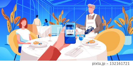 Mobile payment restaurant dining contactless transaction waiter holds card reader modern cafe interior people eating food digital technology 132161721