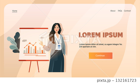 Businesswoman presentation analytics chart professional growth data analysis office environment website landing page 132161723
