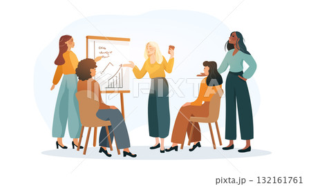 Business meeting women teamwork presentation growth chart group discussion flipchart diverse office interior modern workplace concept 132161761