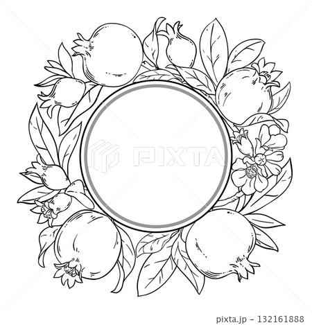 Pomegranate Branch Outline Round Frame. Pomegranate Branch Outline Round Frame. 132161888