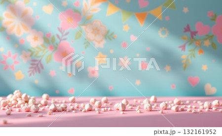 A playful scene set against a pink background with a floral pattern A playful scene set against a pink background with a floral pattern 132161952