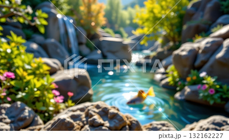 A tranquil landscape with a rocky stream flowing through a lush garden filled with various plants and flowers A tranquil landscape with a rocky stream flowing through a lush garden filled with various plants and flowers 132162227