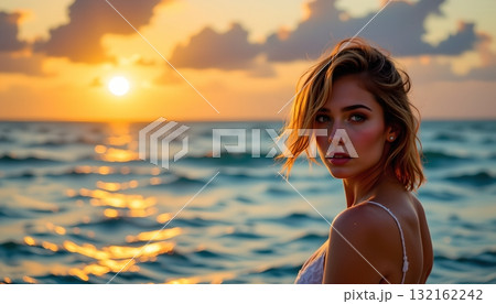 A woman standing by the ocean at sunset A woman standing by the ocean at sunset 132162242
