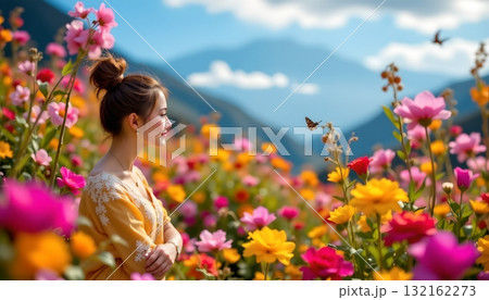 A woman standing in a field of vibrant flowers. She is gazing towards the camera with a serene expression A woman standing in a field of vibrant flowers. She is gazing towards the camera with a serene expression 132162273