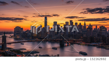 City skyline at sunset, financial district cityscape with freedom tower and bridge over east river, iconic american landmark view 132162692