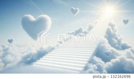 Stairway to heaven leading to bright shining light in sky, surreal dreamlike scene with white stairs going up through fluffy clouds and heart shapes Stairway to heaven leading to bright shining light in sky, surreal dreamlike scene with white stairs going up through fluffy clouds and heart shapes 132162696
