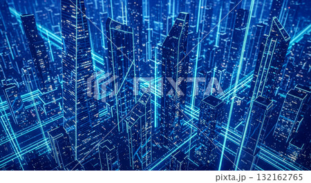 Futuristic smart city wireframe with glowing blue lines, digital twin and metaverse concept, big data and 5g network technology for modern metropolis Futuristic smart city wireframe with glowing blue lines, digital twin and metaverse concept, big data and 5g network technology for modern metropolis 132162765