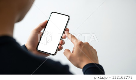 Close up of male hands with empty phone screen for your app or website design, digital device template for business and communication, copy space 132162775