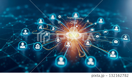 Customer relationship management CRM and targeted marketing concept, abstract illustration of user data connection on futuristic technology background with plexus network 132162782