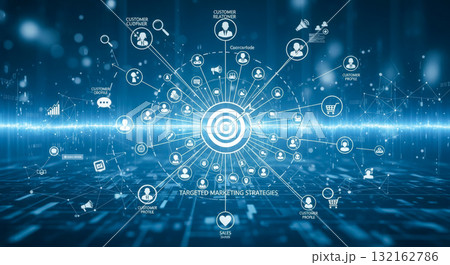 Targeted marketing strategies and customer profile analysis concept, digital illustration of target connecting with user data on global network, business technology background 132162786