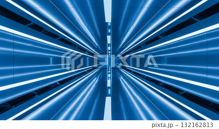 Empty high tech interior with laser lights, 3d render of long perspective hallway for science, gaming or cyberpunk event backdrop, infinity room effect 132162813