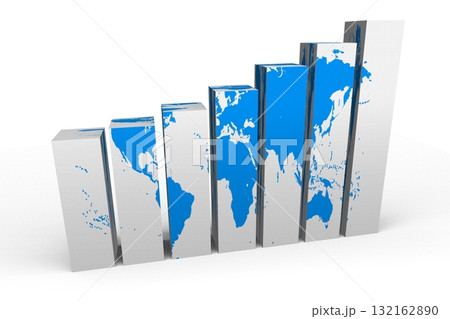 Bar chart with world map - 3D illustration Bar chart with world map - 3D illustration 132162890
