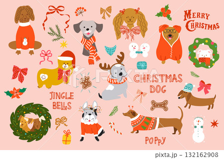 Cute Christmas dogs clipart. Vector cartoon winter holiday puppy characters set elements, animal and bow collection 132162908