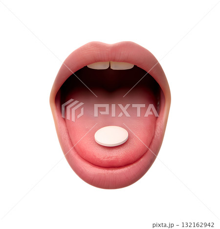 Single white pill resting on person's tongue inside open mouth, medicine and healthcare concept isolated on transparent background Single white pill resting on person's tongue inside open mouth, medicine and healthcare concept isolated on transparent background 132162942