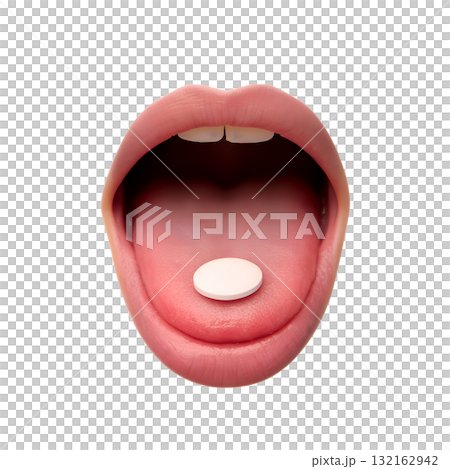 Single white pill resting on person's tongue inside open mouth, medicine and healthcare concept isolated on transparent background Single white pill resting on person's tongue inside open mouth, medicine and healthcare concept isolated on transparent background 132162942