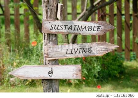Wooden signs point towards sustainable living options in a serene garden full of greenery and blooming flowers, promoting eco-friendly lifestyle choices in harmony with nature 132163060