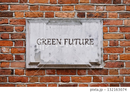 A textured brick wall serves as a backdrop for an inspiring plaque that reads Green Future. This scene captures the essence of eco-friendly initiatives in a bustling city, urging change A textured brick wall serves as a backdrop for an inspiring plaque that reads Green Future. This scene captures the essence of eco-friendly initiatives in a bustling city, urging change 132163074