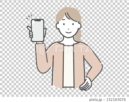 一位年輕女子手持智慧型手機並展示螢幕的插圖 一位年輕女子手持智慧型手機並展示螢幕的插圖 132163078