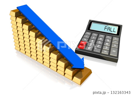 Calculator, gold ingots and decrease chart 132163343