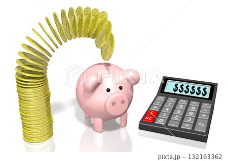 Calculator, piggy bank and golden coins - savings concept Calculator, piggy bank and golden coins - savings concept 132163362