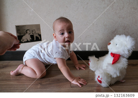 Baby Crawling Towards Teddy Bear with Old Photo Baby Crawling Towards Teddy Bear with Old Photo 132163609