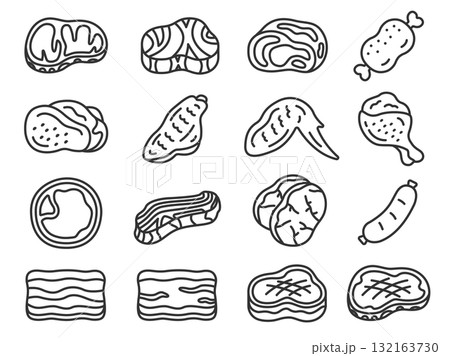 いろいろな種類の肉のアイコン(線画)のイラストセット いろいろな種類の肉のアイコン(線画)のイラストセット 132163730