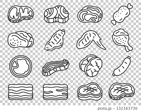 いろいろな種類の肉のアイコン(線画)のイラストセット いろいろな種類の肉のアイコン(線画)のイラストセット 132163730