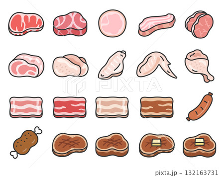 いろいろな種類の肉のアイコン（線画カラー）のイラストセット 132163731