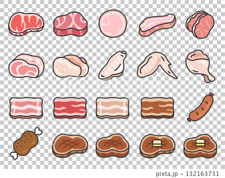 いろいろな種類の肉のアイコン（線画カラー）のイラストセット 132163731