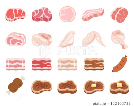 いろいろな種類の肉のアイコンのイラストセット 132163732