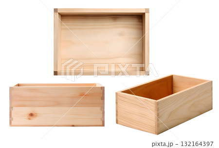 Empty wooden light wood crate box on transparent background cutout, PNG file. Mockup template for artwork design. perspective positions many different angle 132164397
