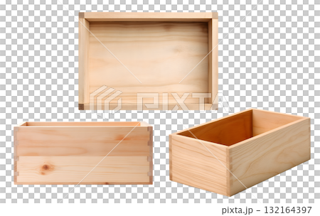 Empty wooden light wood crate box on transparent background cutout, PNG file. Mockup template for artwork design. perspective positions many different angle 132164397