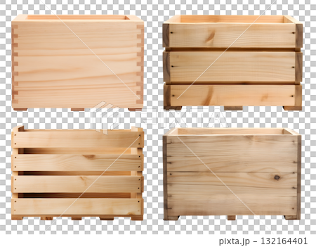 Empty wooden wood crate box on transparent background cutout, PNG file. Mockup template for artwork design. Many assorted different range types 132164401