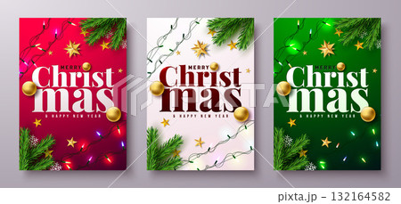 Merry Christmas and Happy New Year Greeting Card Clipart Set with Fir Branch, Light Garland and Typography Lettering on Red, White and Green Background. Vector Holiday Season Design with Decoration 132164582