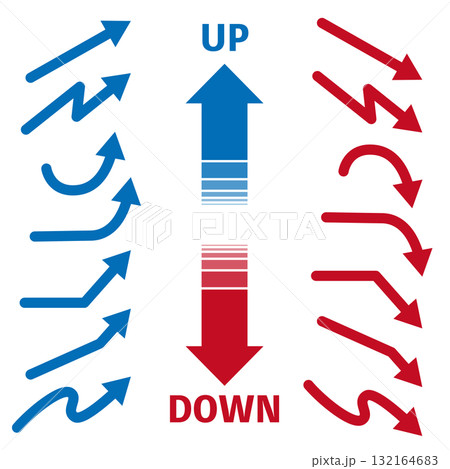青い上向きの矢印と赤い下向きの矢印のイラスト素材セット。白背景にベクターイラスト。 青い上向きの矢印と赤い下向きの矢印のイラスト素材セット。白背景にベクターイラスト。 132164683