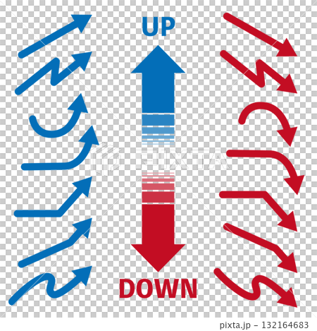 一組插圖，一個藍色箭頭指向上方，一個紅色箭頭指向下方。白色背景上的向量插圖。 132164683