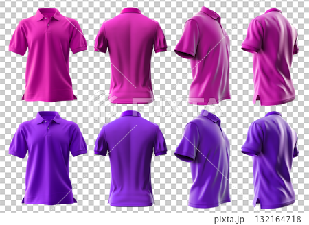 2 Set of violet purple front, back and side view collar polo tee shirt on transparent background cutout, PNG file. Mockup template for artwork graphic design 132164718