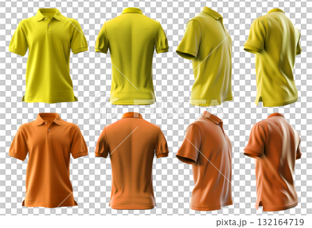 2 Set of yellow orange front, back and side view collar polo tee shirt on transparent background cutout, PNG file. Mockup template for artwork graphic design 132164719