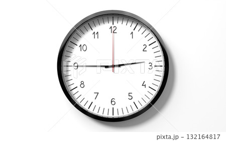 Time at quarter to 3 o clock - classic analog clock on white background - 3D illustration 132164817