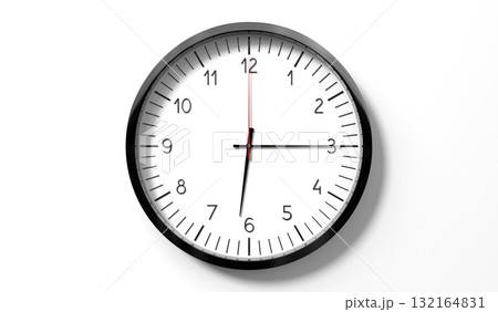 Time at quarter past 6 o clock - classic analog clock on white background - 3D illustration Time at quarter past 6 o clock - classic analog clock on white background - 3D illustration 132164831
