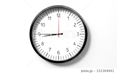 Time at quarter to 9 o clock - classic analog clock on white background - 3D illustration 132164841