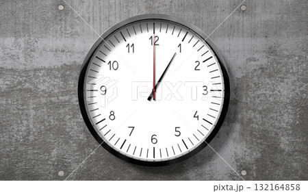 Time at 1 o clock - classic analog clock on rough concrete wall - 3D illustration Time at 1 o clock - classic analog clock on rough concrete wall - 3D illustration 132164858