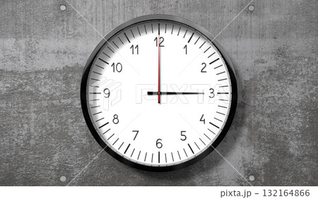 Time at 3 o clock - classic analog clock on rough concrete wall - 3D illustration 132164866