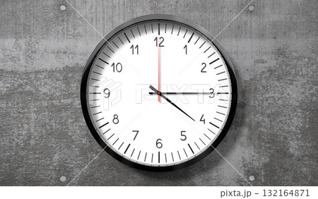 Time at quarter past 4 o clock - classic analog clock on rough concrete wall - 3D illustration 132164871