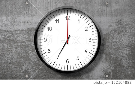 Time at 7 o clock - classic analog clock on rough concrete wall - 3D illustration 132164882