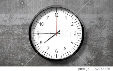 Time at quarter to 8 o clock - classic analog clock on rough concrete wall - 3D illustration Time at quarter to 8 o clock - classic analog clock on rough concrete wall - 3D illustration 132164886
