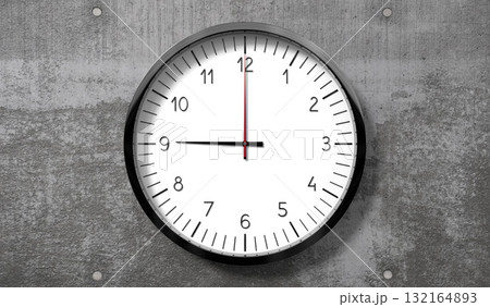 Time at 9 o clock - classic analog clock on rough concrete wall - 3D illustration Time at 9 o clock - classic analog clock on rough concrete wall - 3D illustration 132164893