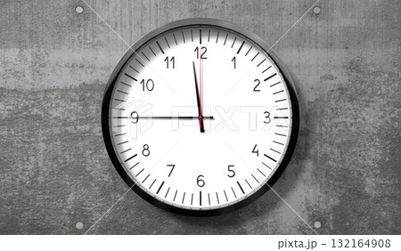 Time at quarter to 12 o clock - classic analog clock on rough concrete wall - 3D illustration 132164908